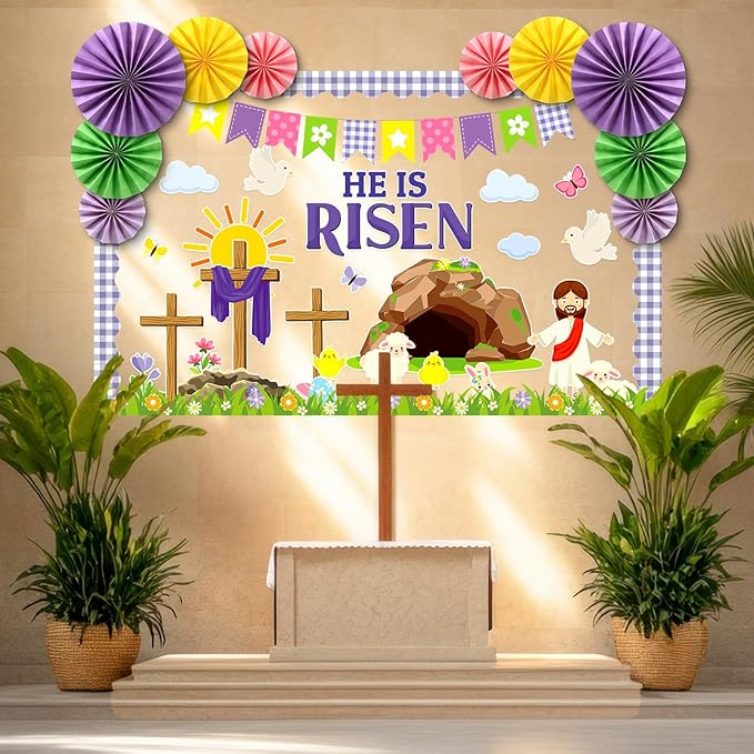 Eersida Easter Bulletin Board Decorations with Paper Fans 3D Christian Easter Classroom Bulletin Board He is Risen Cutouts for School Library Church Blackboard Window Wall Decor