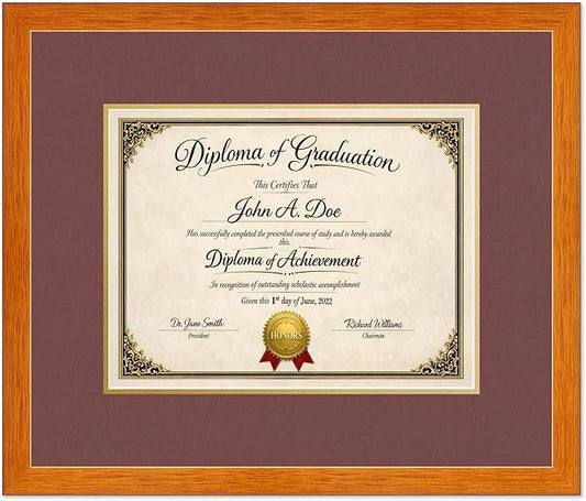 Diploma Frame Honey Oak with Dark Red Over Gold Double Mat - Fits 13 x 10 College Diploma (Traditional) Wall Display Made in the USA