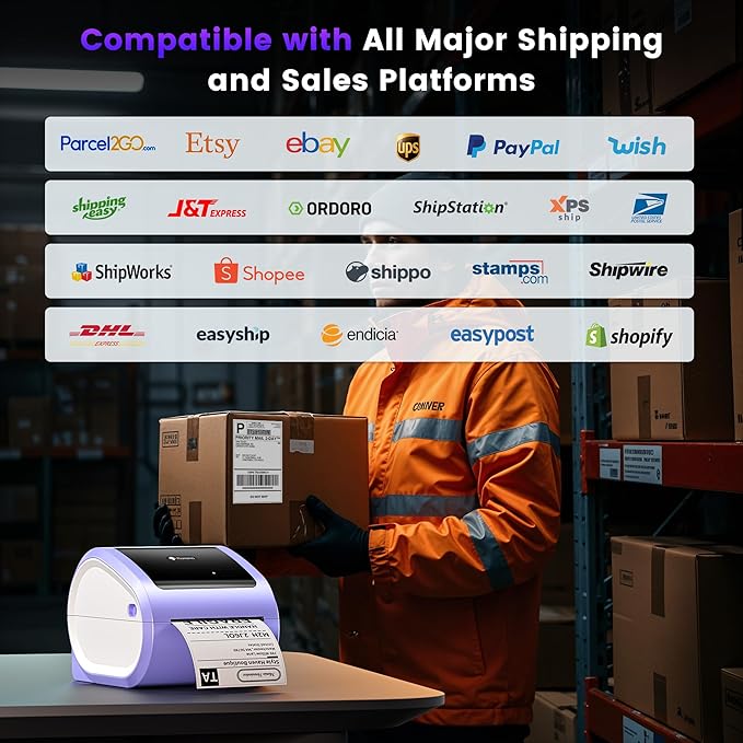 Phomemo D520BT Bluetooth Thermal Label Printer, 4X6 Wireless Shipping Label Printer Build-in Holder, Thermal Label Maker for Shipping Package, Compatible with Amazon, USPS, Shopify, Purple