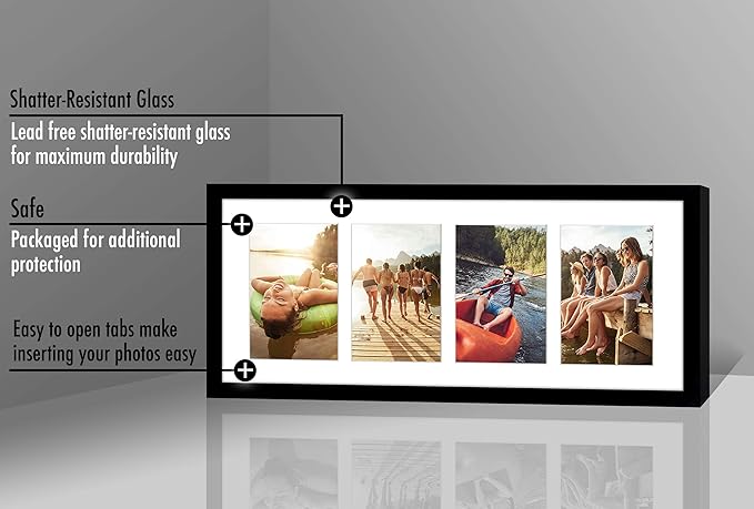 Americanflat 4x6 Collage Picture Frame with Shatter-Resistant Glass - Fits Four 4x6 Photos or Use as One 8x20 Picture Frame - Signature Collection - Collage Frames for Wall Display - Black