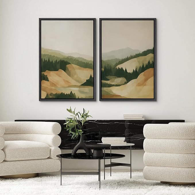 SIGNWIN Framed Canvas Print Wall Art Set Green and Beige Forest Hills Nature Mountain Landscape Illustrations Modern Art Decorative Multicolor for Living Room, Bedroom, Office - 16"x24"x2 Black