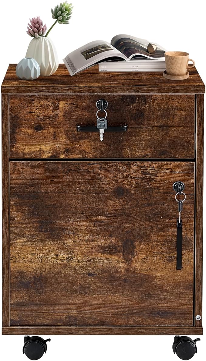 Mobile 2 Drawer File Cabinet with Lock, Wooden Under Desk Filing Cabinet with Wheels, Small Rolling Storage Cabinet for Home Office Organizer A4/Letter Size/Legal, Rustic Brown
