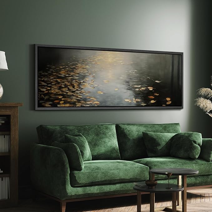 SIGNFORD Large Framed Canvas Print Wall Art Moody Water Reflection with Floating Leaves Illustrations Modern Art Calm Warm for Living Room, Bedroom, Office - 60"x20"