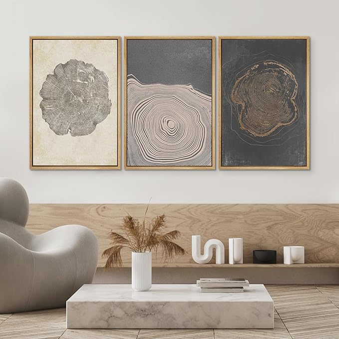 SIGNWIN Framed Canvas Print Wall Art Set Pastel Gray Wood Tree Ring Spirals Nature Abstract Drawings Modern Art Decorative Contemporary Minimal for Living Room, Bedroom, Office - 24"x36"x3 Natural