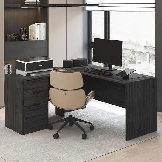 Furinno Roger 60 Inch L-Shaped Executive Desk with File Cabinet, L-Shaped Office Desk with 3-Drawer Fixed Pedestal Filing Cabinet, Desk Cord Grommet, for Home Office, Coastal Grey