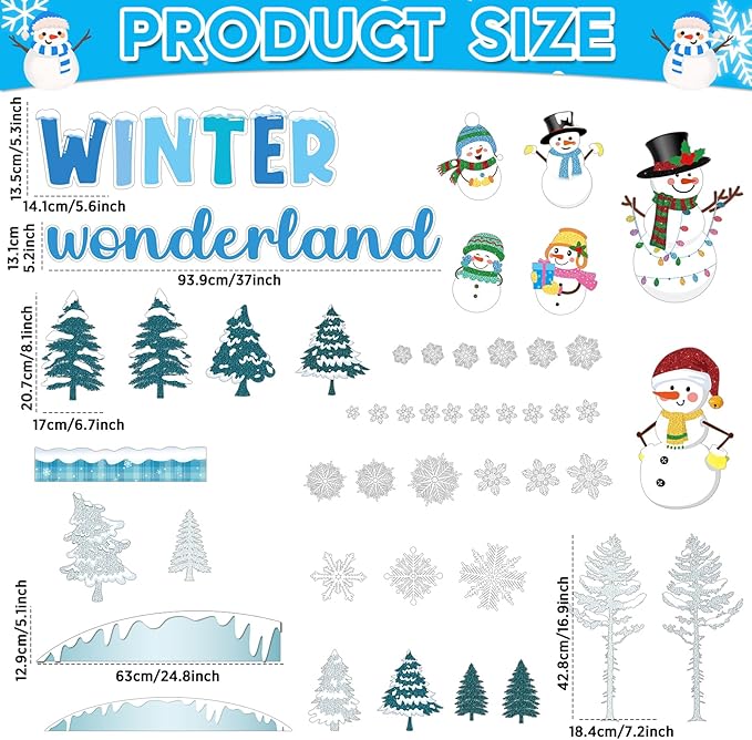 Winter Wonderland Bulletin Board Set Winter Snowman Bulletin Board Christmas Classroom Decorations Snowy Tree Snowflake Cutouts for Xmas Holiday Party School Classroom Home Chalkboard Wall Decor