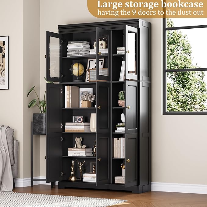 Keyluv 71" Tall Bookshelf and Bookcase with Glass Door, 6-Tier Large Book Shelf with Storage Cabinet, Floor Standing Cabinet Bookshelves with Adjustable Shelves for Home Office/Living Room, Black