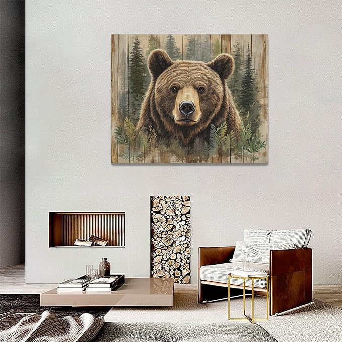Farmhouse Bear Wall Art Rustic Forest Pictures Decor Woodland Wildlife Painting Canvas Print Modern Home Decoration Artwork for Living Room Bathroom Bedroom Office Framed 20"x16"