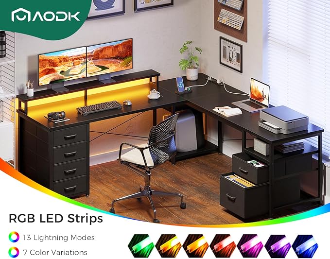 AODK 66" L Shaped Computer Desk, 113“ Reversible Home Office Desk with File Cabinet & 4 Fabric Drawers, Two Person Desk with LED Lights & Power Outlet, Corner Gaming Desk with Monitor Shelf, Black