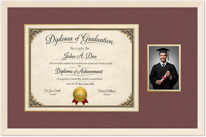 Diploma Frame With Photo Opening Coastal Whitewash Dark Red Over Gold Mat - Fits 17 x 13 Degree and Picture Made in the USA