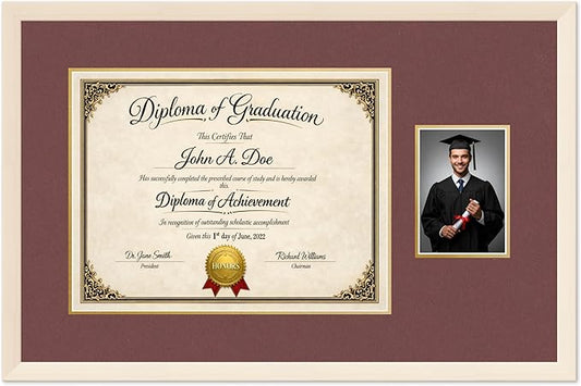 Diploma Frame With Photo Opening Coastal Whitewash Dark Red Over Gold Mat - Fits 17 x 13 Degree and Picture Made in the USA