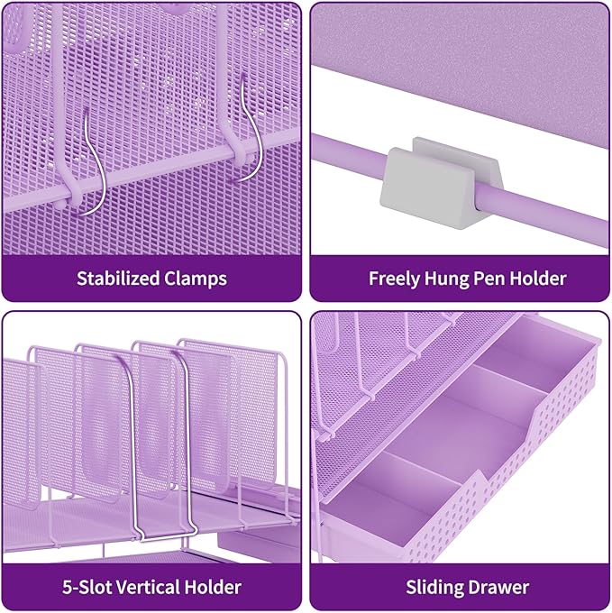 Desk Organizer, Office Organization with Vertical File Holder, File Organizer with Drawer and Pen Holder, Desk Accessories and Workspace Organizers for Home Office (Purple)