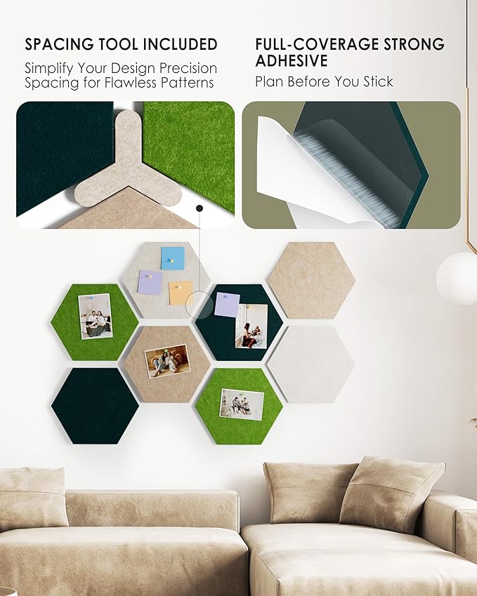 MaxGear 8Pcs Large Hexagon Felt Cork Board Tiles, Green Self-Adhesive DIY Bulletin Board Pin Board for Office School Home Wall Decor Stickers Photos Display Memos