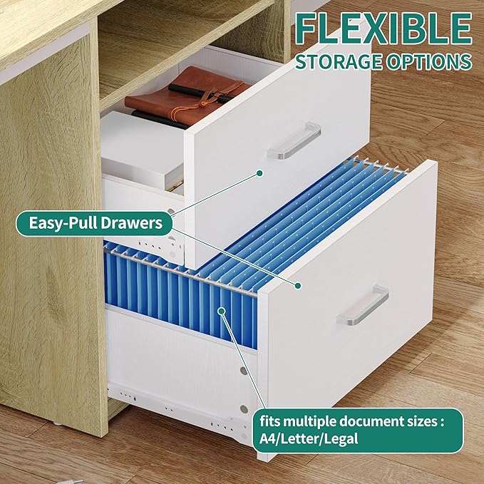 YITAHOME Computer Desk with Drawers, 55" Office Desk with Power Outlets & LED Light, Home Office Desk with Storage Shelves, White & Oak