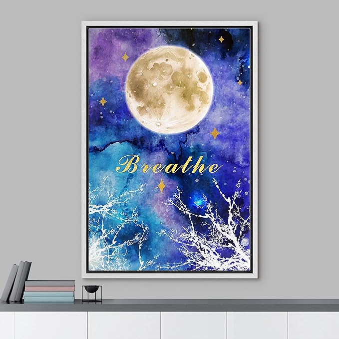IDEA4WALL Framed Canvas Print Wall Art Breathe Watercolor Galaxy with Harvest Moon Astronomy & Space Sky Illustrations Modern Art Glam Colorful for Living Room, Bedroom, Office - 16"x24" WHITE