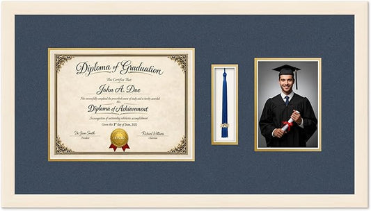 Diploma Tassel and Photo Frame Coastal Whitewash Shadowbox Navy Blue Over Gold Mat - Fits 11 x 8.5 Degree Picture Made in the USA