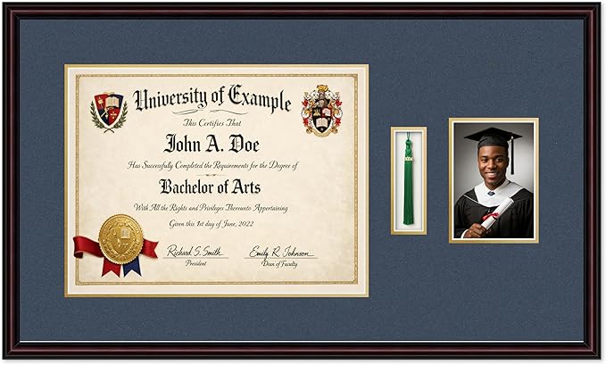 Diploma Tassel and Photo Shadowbox Fits 17 x 13 International Diploma with Tassel H Executive Brown Genuine Hardwood with Navy Blue Over Metallic Gold Double mat