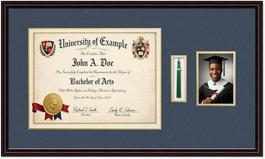 Diploma Tassel and Photo Shadowbox Fits 17 x 13 International Diploma with Tassel H Executive Brown Genuine Hardwood with Navy Blue Over Metallic Gold Double mat