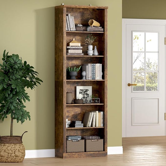 75" Tall Bookshelf, 6-Tier Floor Standing Bookcase with 2 Adjustable Shelves, 24" Wide Open Storage Shelf, Modern Display Organizer for Home Office, Living Room, Bedroom, Study