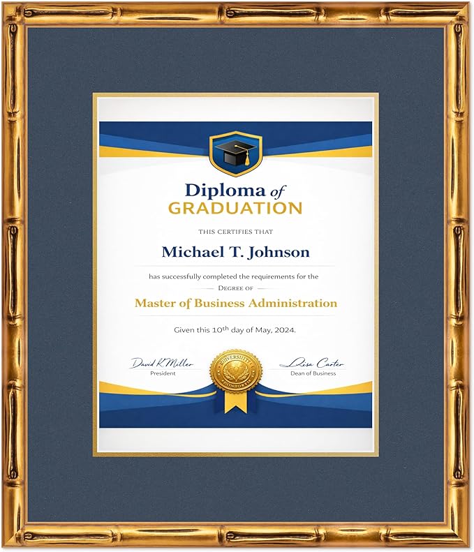Diploma Frame Gold Bamboo with Navy Blue Over Gold Double Mat - Fits 11 x 14 College Diploma (Portrait) Wall Display Made in the USA