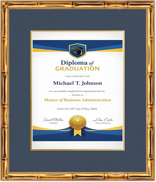 Diploma Frame Gold Bamboo with Navy Blue Over Gold Double Mat - Fits 11 x 14 College Diploma (Portrait) Wall Display Made in the USA