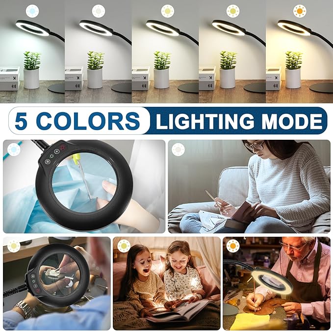 10X Magnifying Glass with Light, Real Glass Lens, 5 Color Modes Dimmable, Flexible Gooseneck Lighted Magnifier with Stand, LED Desk Lamp Hands Free for Crafts Painting Sewing Reading Close Work