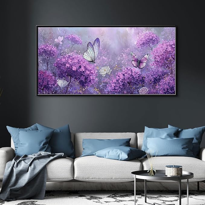 yiijeah Purple Wall Art Bedroom Canvas Lavender Bathroom Decor Butterfly Picture Items for Women Framed Artwork Print 58x29 Inches