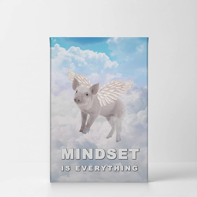 Smile Art Design Mindset is Everything Pig with Wings Flying in Sky Motivational Wall Art Canvas Print Inspirational Entrepreneur Quote Canvas Print Modern Office Decor Gift Ready to Hang 22x15