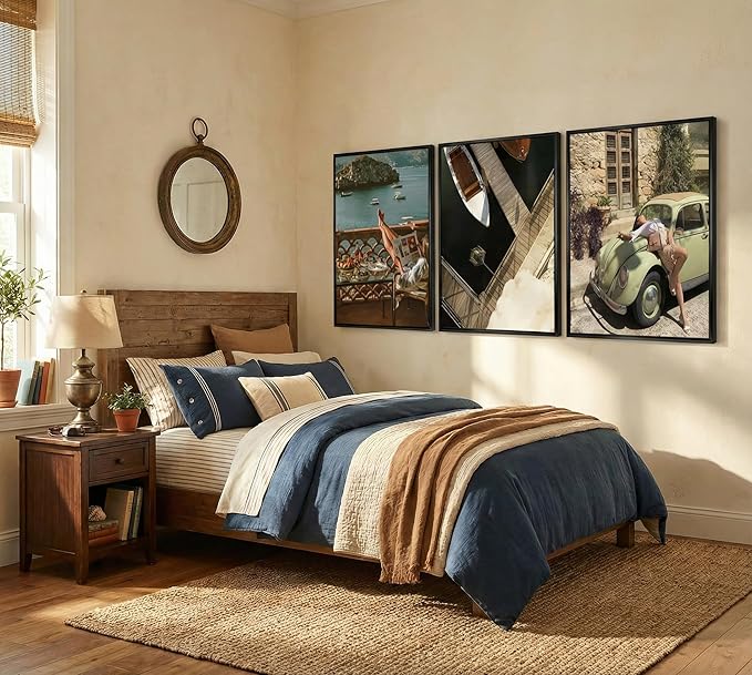 3Pcs Mediterranean Coastal Canvas Wall Art Vintage Italian Travel Photography Posters Prints Beach Vacation Lifestyle Pictures Wall Decor for Living Room Bedroom Office Home Decoration Unframed