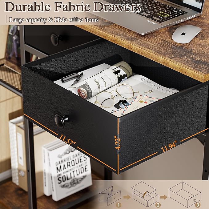 Small Computer Desk, 36 Inch Writing Desk with Drawers & Storage Shelves, Home Office Writing Desk for Small Spaces, Bedroom, Living Room, Dorm, Rustic Brown