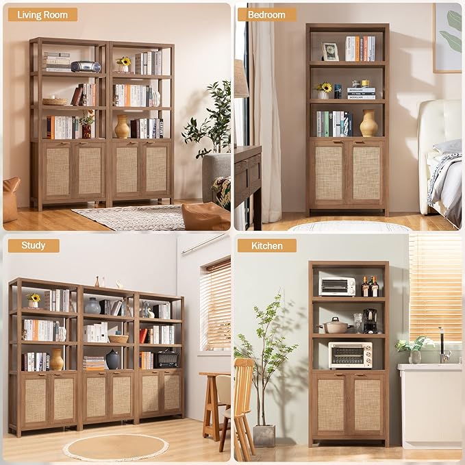 SICOTAS Bookshelf 5 Tier Book Shelf Rattan Boho 71" Tall Bookcase with Doors Storage Shelves Large Bookshelves Farmhouse Bookcases Library Book Case for Living Room Bedroom Home Office Kitchen | Book Shelf, Bookcase, Storage Shelves, Large Bookshelves,...