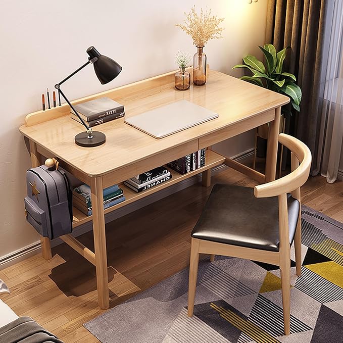 SAZDFY Solid Wood Home Office Desk Workstation, Writing Desk with 2 Drawer and Shelves,Mid Century Modern Computer Desk PC Study Table for Small Spaces(100x60x75cm(39x24x29in), Wood1)