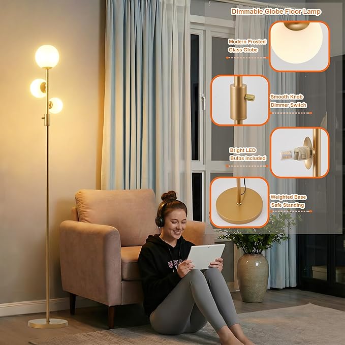 Fiqevs Dimmable 3 Globe Floor Lamp - Mid Century Modern Gold Standing Lamp with Frosted Glass Shade & LED Bulbs for Living Room, Bedroom, Office