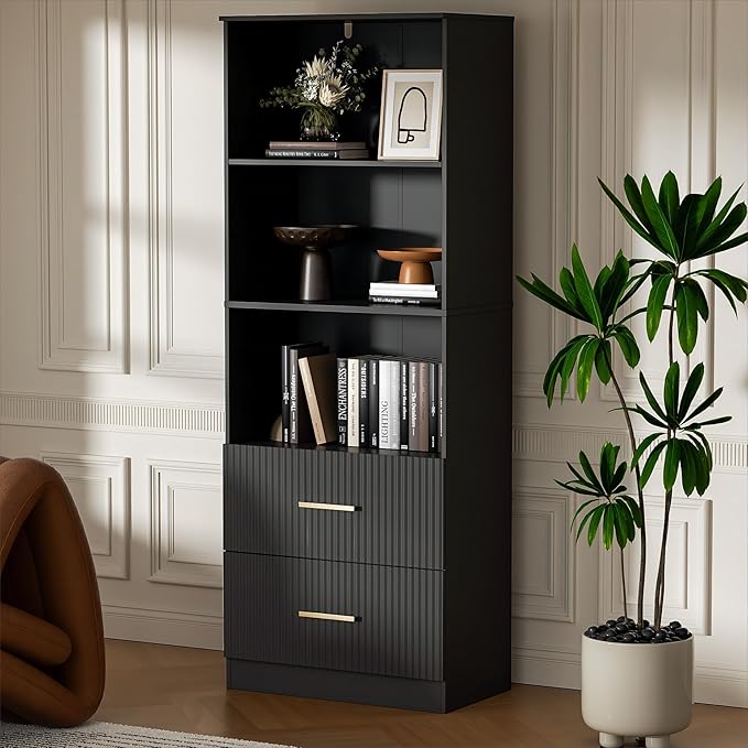 Black Bookshelf with Drawers, 63" Tall Bookshelf with Storage, 3 Shelf Modern Bookcase with Adjustable Shelf, Open Shelves Bookcase, Unique Book Shelf forHome Office, Living Room, Black