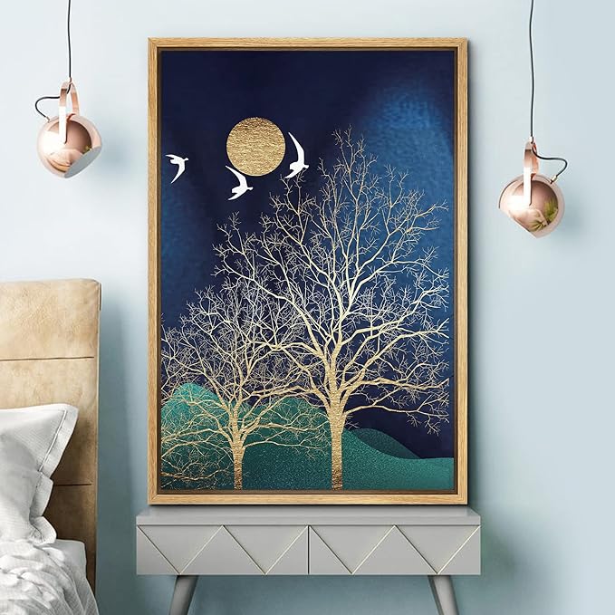 SIGNFORD Framed Canvas Print Wall Art White Birds Fly Over Golden Trees Abstract Wilderness Illustrations Modern Art Contemporary Scenic for Living Room, Bedroom, Office - 16"x24" Natural