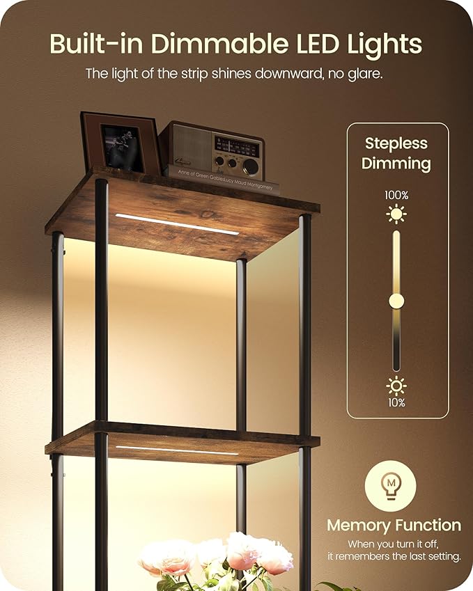Display Shelf with Light, 5-Tier Modern Shelf Lamp, Corner Floor Lamp with Shelves, Dimmable LED Floor Lamp for Living Room with Remote, 3CCT, Timer, Wooden Corner Shelf Lamp, F52LD05