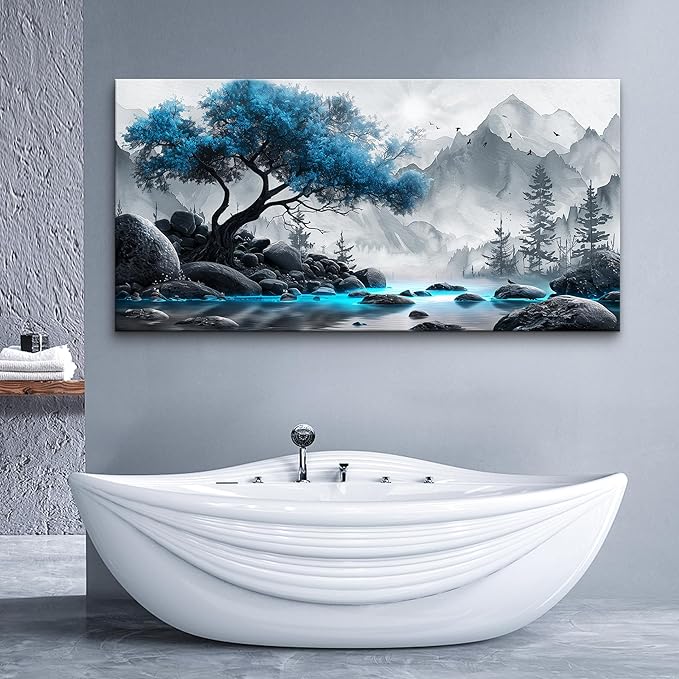 Lapremoly Black And White Painting Canvas Wall Art For Living Room, Office, Bedroom - Large Blue Tree Landscape Wall Pictures - Hotel Artwork Posters - Family Home Decor