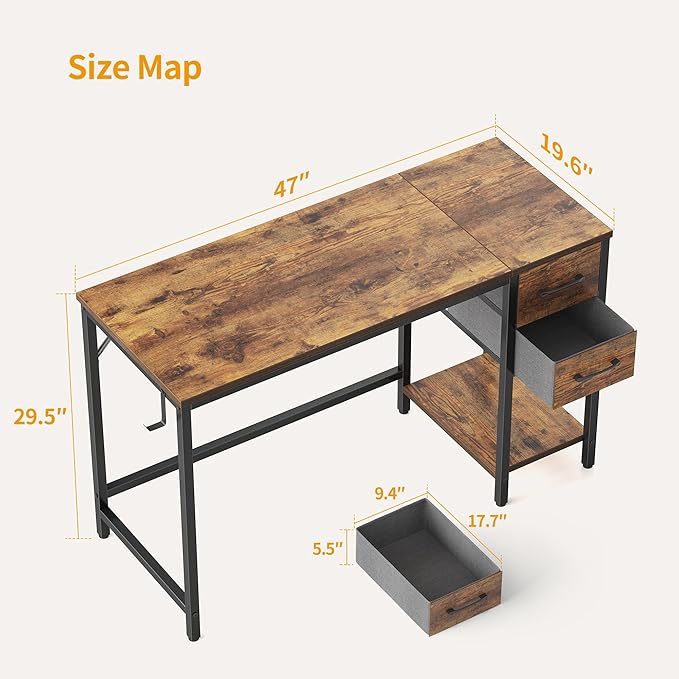 BANTI Computer Home Office Desk with 2 Drawers, 47 Inch Small Desk Study Writing Table, Modern Simple PC Desk for Home Bedroom, Rustic Brown