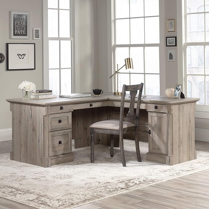 Sauder Palladia L Shaped Desk with Drawers, Office Desk with File Cabinet Storage, Cable Management, Keyboard Tray, in Split Oak finish