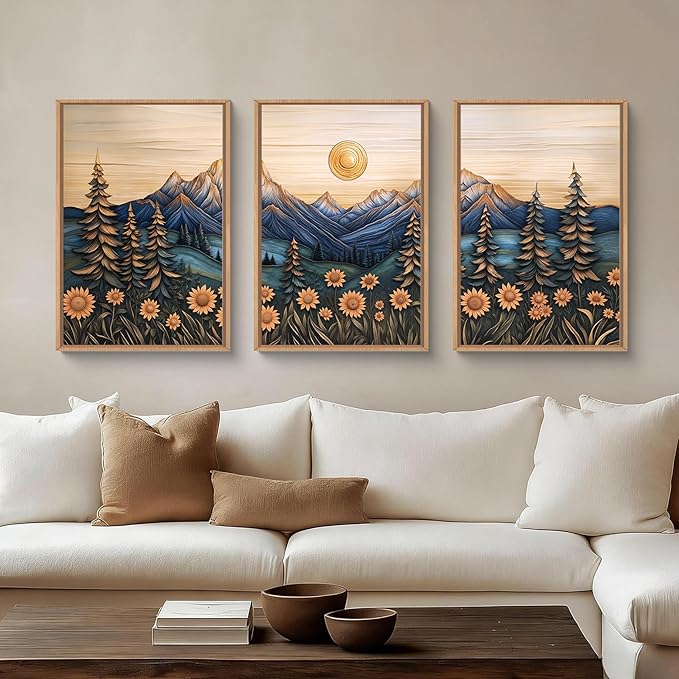Aryroi Vintage Woodcut Style Mountain Framed Canvas Wall Art Set, Natural Forest Pine Tree Sunflower Wall Decor,Abstract Sunrise Botanical Landscape Artwork for Living Room,Bedroom,Office-24 x36 x3