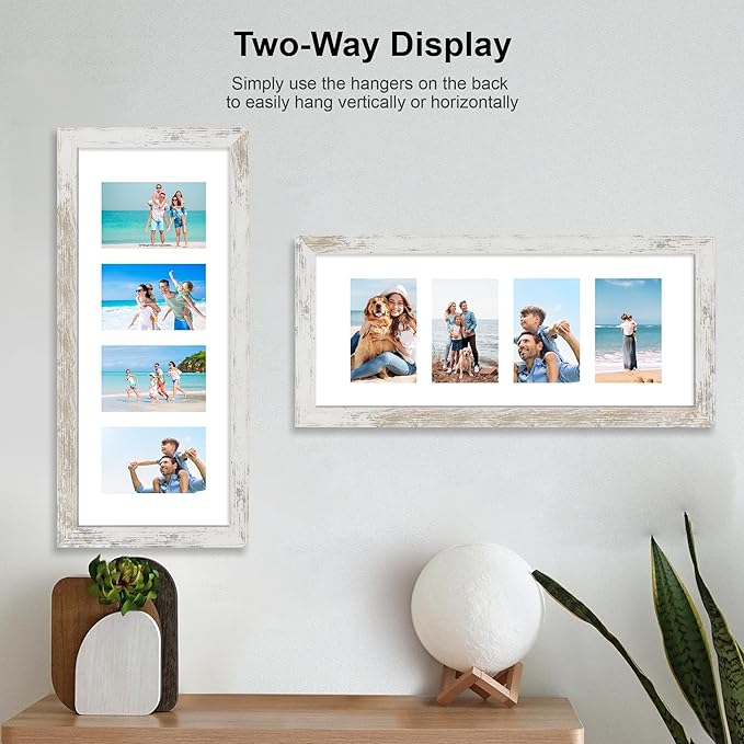 8x20 Picture Frame Set of 2, Distressed White Wood Frame with Tempered Glass Collage Frame, Display Pictures Four 4x6 With Mat or 8 x 20 Without Mat - Horizontal or Vertical Wall Mounting