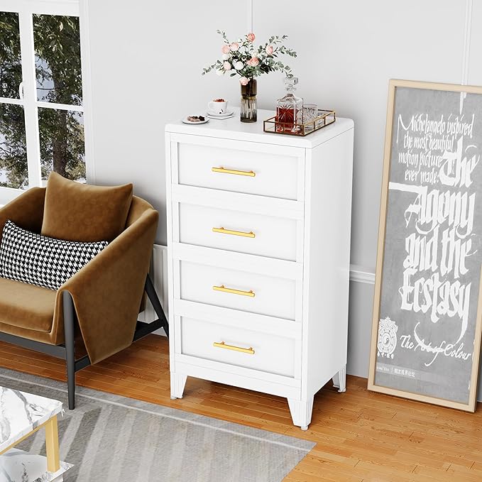 44.45" Tall Dresser for Bedroom 4 Drawers, Metal Dresser Chest of Drawers, Circular Drawer Cabinet for Home,Filing Cabinet with Drawers for Office (White)