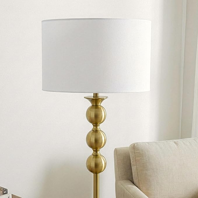 Brightech Riley 60" Floor Lamp, Elegant Modern Standing Lamp with Drum Shade, Boho Chic Mid-Century Living Room Décor, Classy, Traditional Art Deco Corner Floor Lamp for Bedroom, Office - Gold/Brass