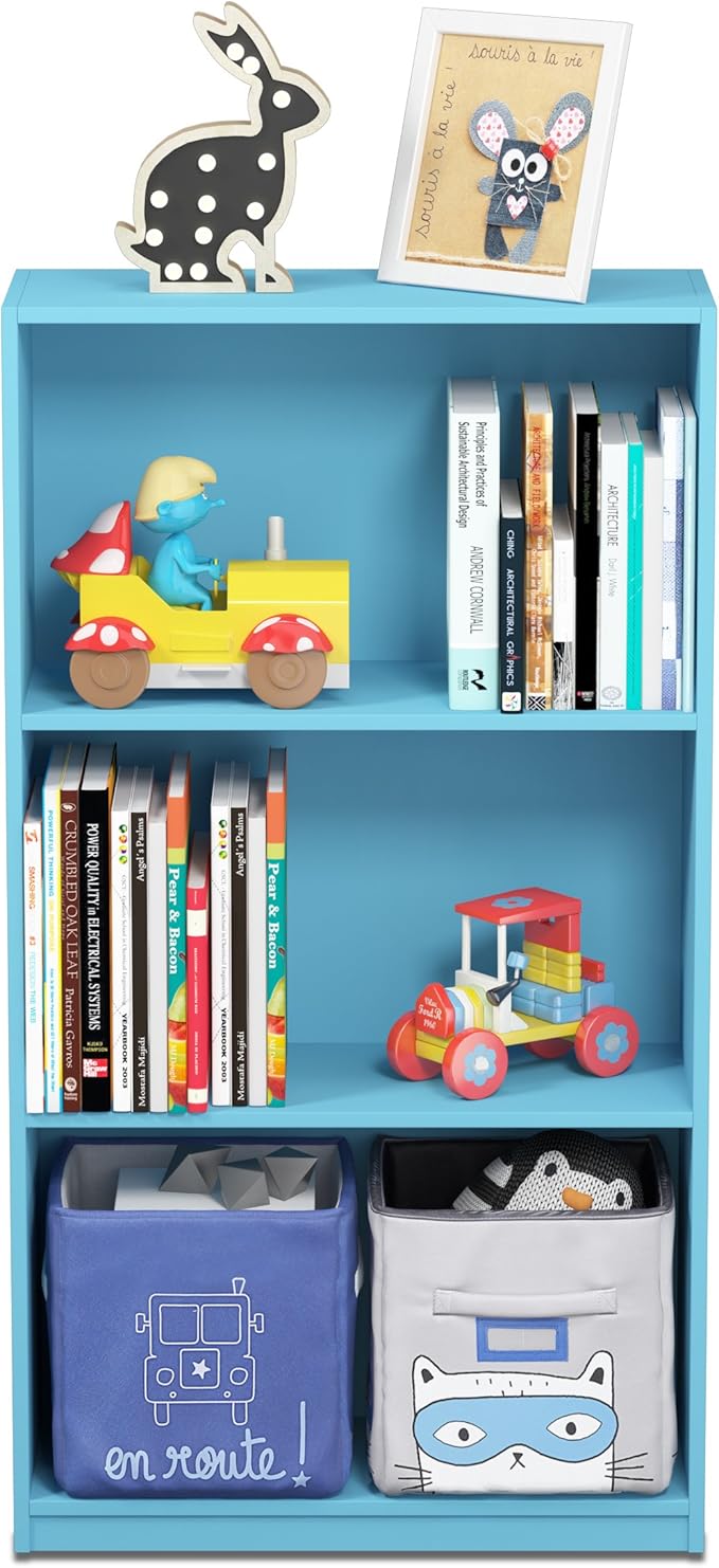Furinno BASIC Book Shelf, 3-Tier Modern Bookshelf, Bookcase with Open Shelves, 9.3 x 21.8 x 39.5, for Living Room, Bedroom, Home Office, Light Blue