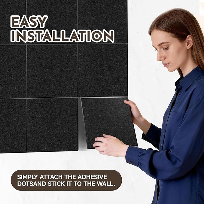 MISSDAY Black Acoustic Wall Panel Felt Bulletin Board 24" x 36" Cork Board for Wall, 6-Pack Boards with 36 Removable Adhesive Tabs, 50 Pushpins, Pin Board for Home Office Classroom Soundproof Tiles