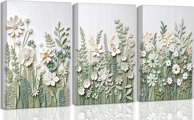 3 Pcs Sage Green Wildflowers Canvas Wall Art Neutral Minimalist Abstract Boho Floral Botanical Painting Pictures Wall Decor Poster Print Artwork for Living Room Bedroom Home Decoration
