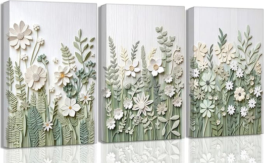 3 Pcs Sage Green Wildflowers Canvas Wall Art Neutral Minimalist Abstract Boho Floral Botanical Painting Pictures Wall Decor Poster Print Artwork for Living Room Bedroom Home Decoration