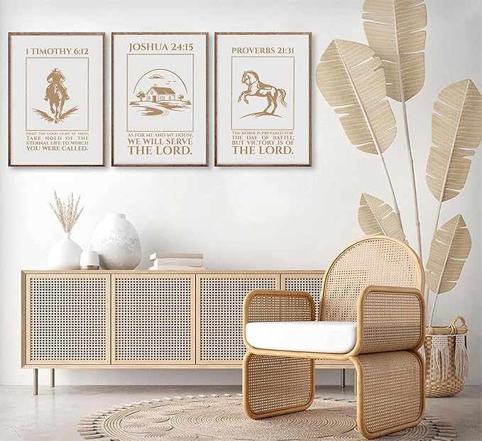 XXOUYLQ 3pcs Western Christian Wall Art Inspirational Scriptures Painting Cowboy Christian Posters Motivational Faith Prints War Horse Bible Pictures Golden Sand Canvas Jesus Wall Decor unframe