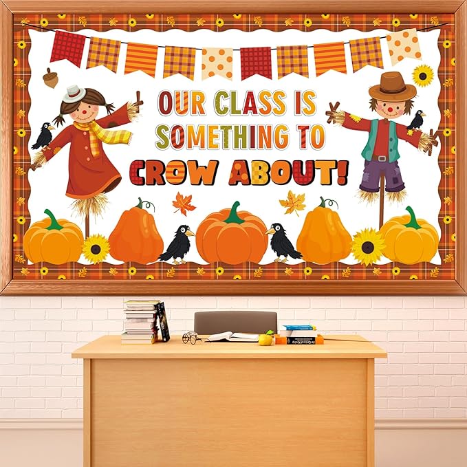 Fall Bulletin Board Decorations Set Scarecrow Crow Classroom Decor Pumpkin Maple Leaf Paper Cutouts for Thanksgiving Autumn Party Motivational September School Classroom Chalkboard Wall Supplies Favor