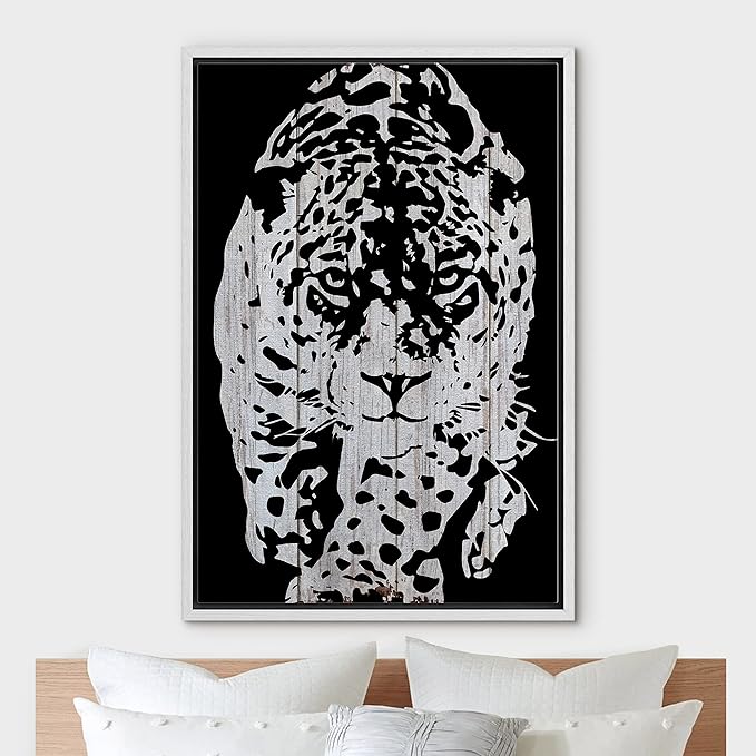 IDEA4WALL Framed Canvas Print Wall Art Grayscale Spotted Leopard Stalking on Wood Panels Animals WildLife Illustrations Modern Art Tropical Portrait for Living Room, Bedroom, Office - 24"x36" WHITE